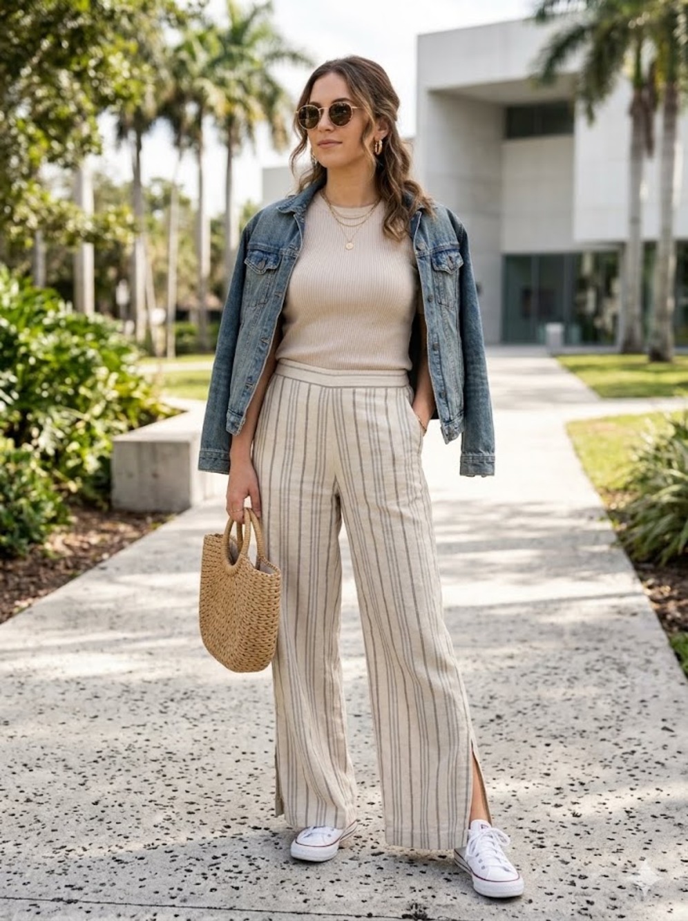 Cable & Gauge Studio Striped Linen-Blend Wide-Leg Pant Lightweight Womens Medium